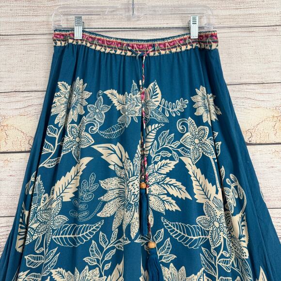 Natural Life Floral BOHO Maxi Skirt Womens Medium Blue Tan Tassled Drawstring - Picture 3 of 10